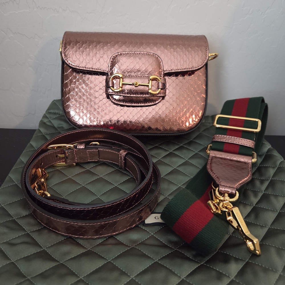 New Gucci Horsebit 1955 Metallic Snake Shoulder Bag